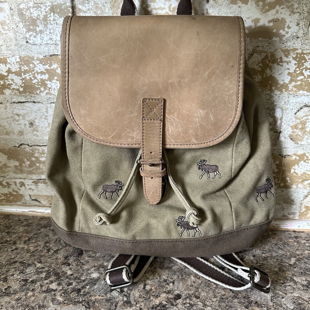 LL Bean Bag VTG Purse  Backpack— Embroidered Moose Sude Leather Adjustable Lock